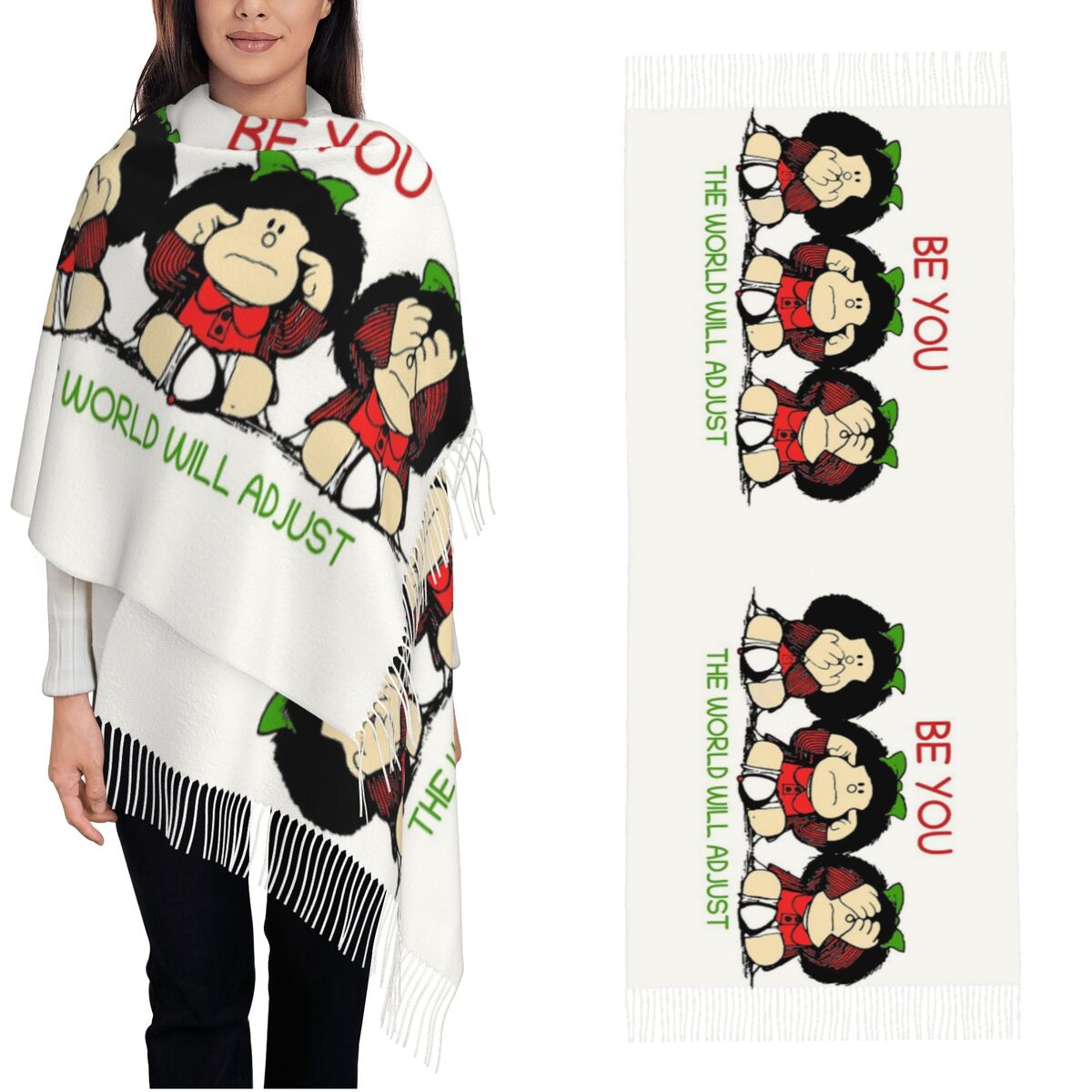 Cashmere Scarf Wrap - タッセル付きレディーススカーフ トリプルマファルダス 漫画柄 大きめ 冬 秋