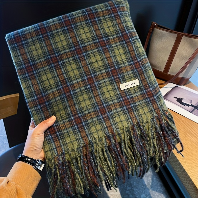Cashmere Scarf Wrap - ヴィンテージグリーンチェック柄タッセルスカーフ女性模造カシミヤ肥厚暖かさ秋冬ショールラップスカーフ