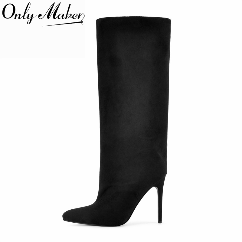 Winter Clothing For Women - Onlymaker ブラック フェイクスエード ニーハイブーツ ワイドシャフト ポインテッドトゥ
