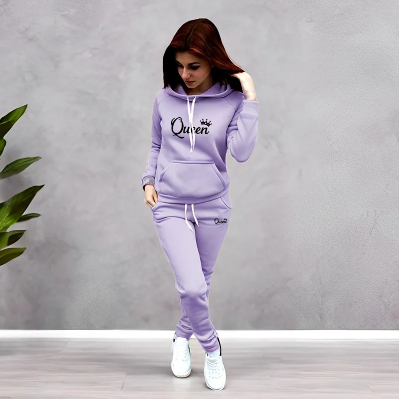 Winter Clothing For - レディーストラックスーツ クイーンレタープリント フード付きスウェットシャツスーツ 高品質ジョギングウェア ファッションカジュアルパンツセット