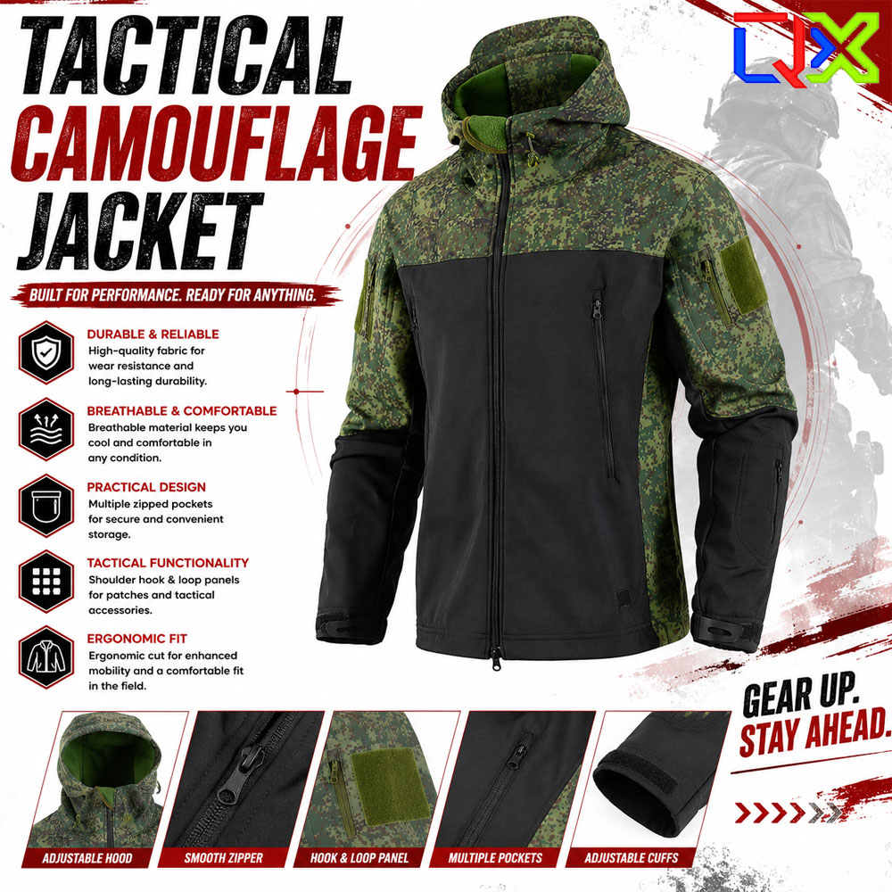 Windproof Jacket Softshell - QXタクティカル迷彩ソフトシェルジャケット 防風防水 アウトドアハイキングトレッキングジャケット ミリタリースタイルユーティリティコート