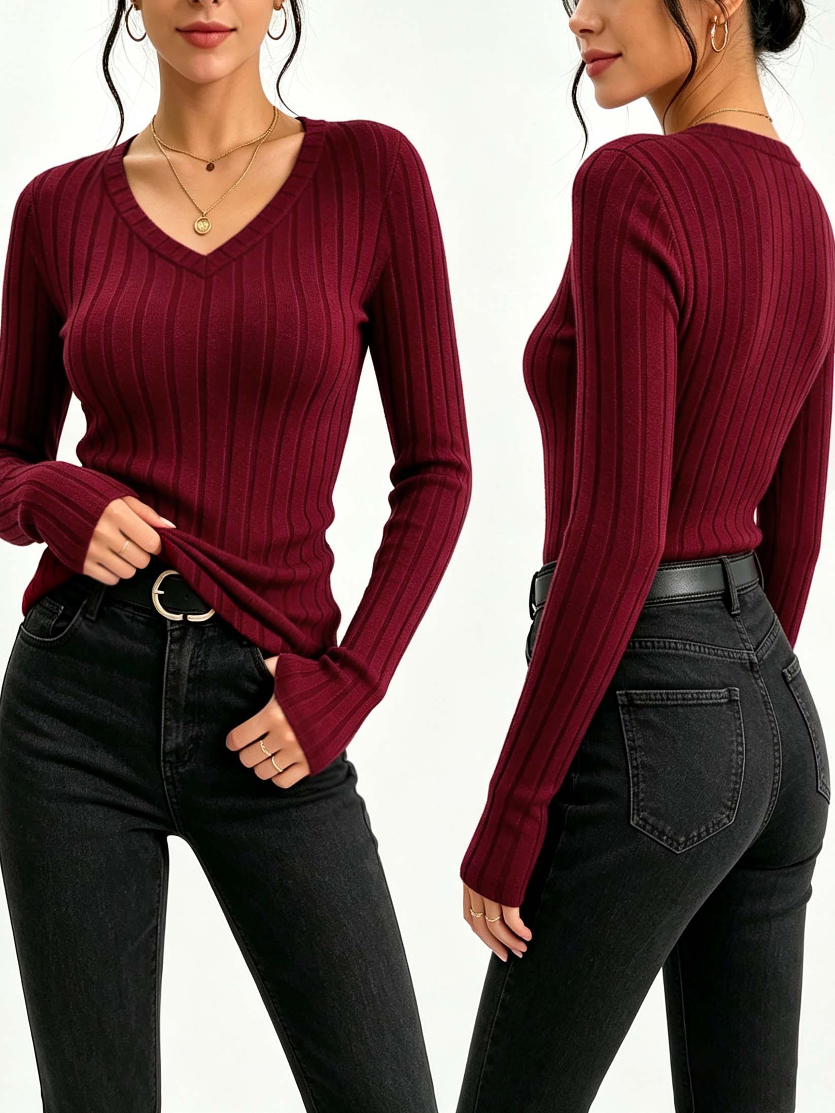 Winter Clothing For Women - レディース無地Vネックリブニットトップ、スリムフィットストレッチ長袖ベーシックカジュアルTシャツ