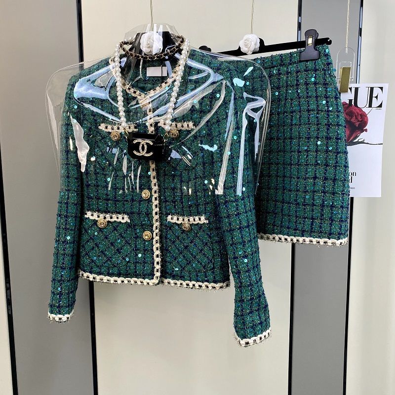 Jack Winter Clothing - 女性のためのエレガントなツイード衣装,トレンディな香りのスーツ,ジャカードのコートとスカート,緑色,冬