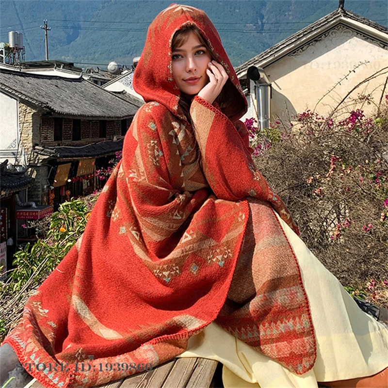 Winter Clothing Essentials - フード付き暖かいスカーフショールケープ新しい観光用マントジャケットプリントジャカードジャケット大人用ポンチョアウターエスニックスタイルケープブランケット