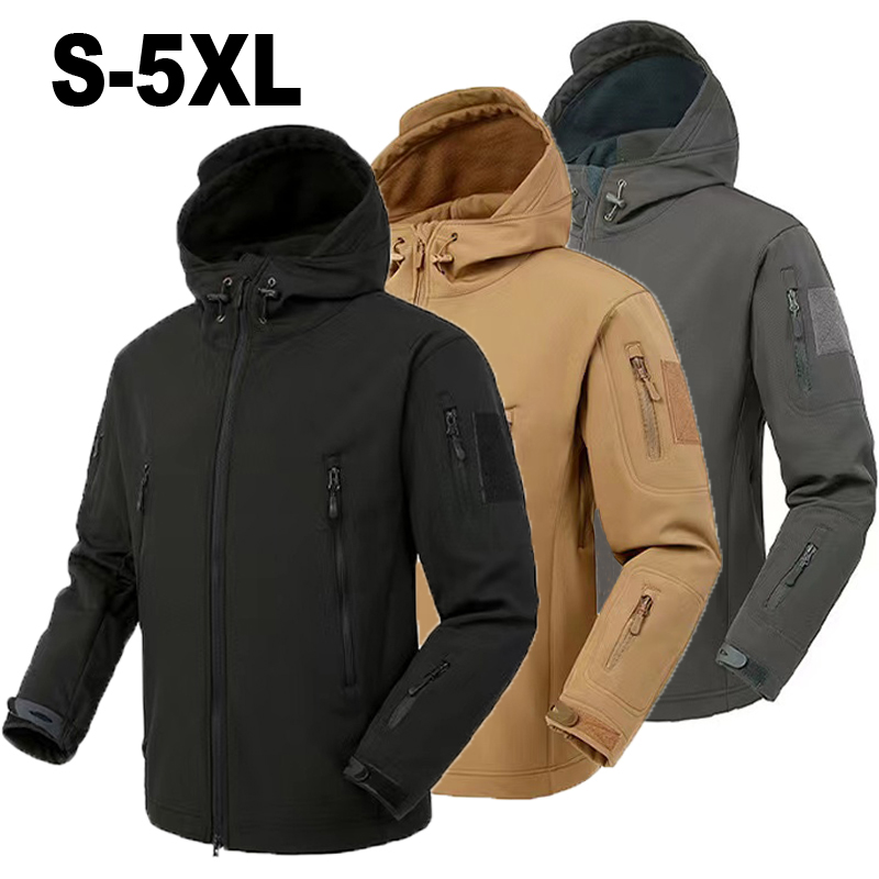 Windproof Jacket Softshell - メンズ秋冬ソフトシェルフリースジャケット男性フード防風コート釣りハイキングキャンプ登山スキー暖かいパンツズボン