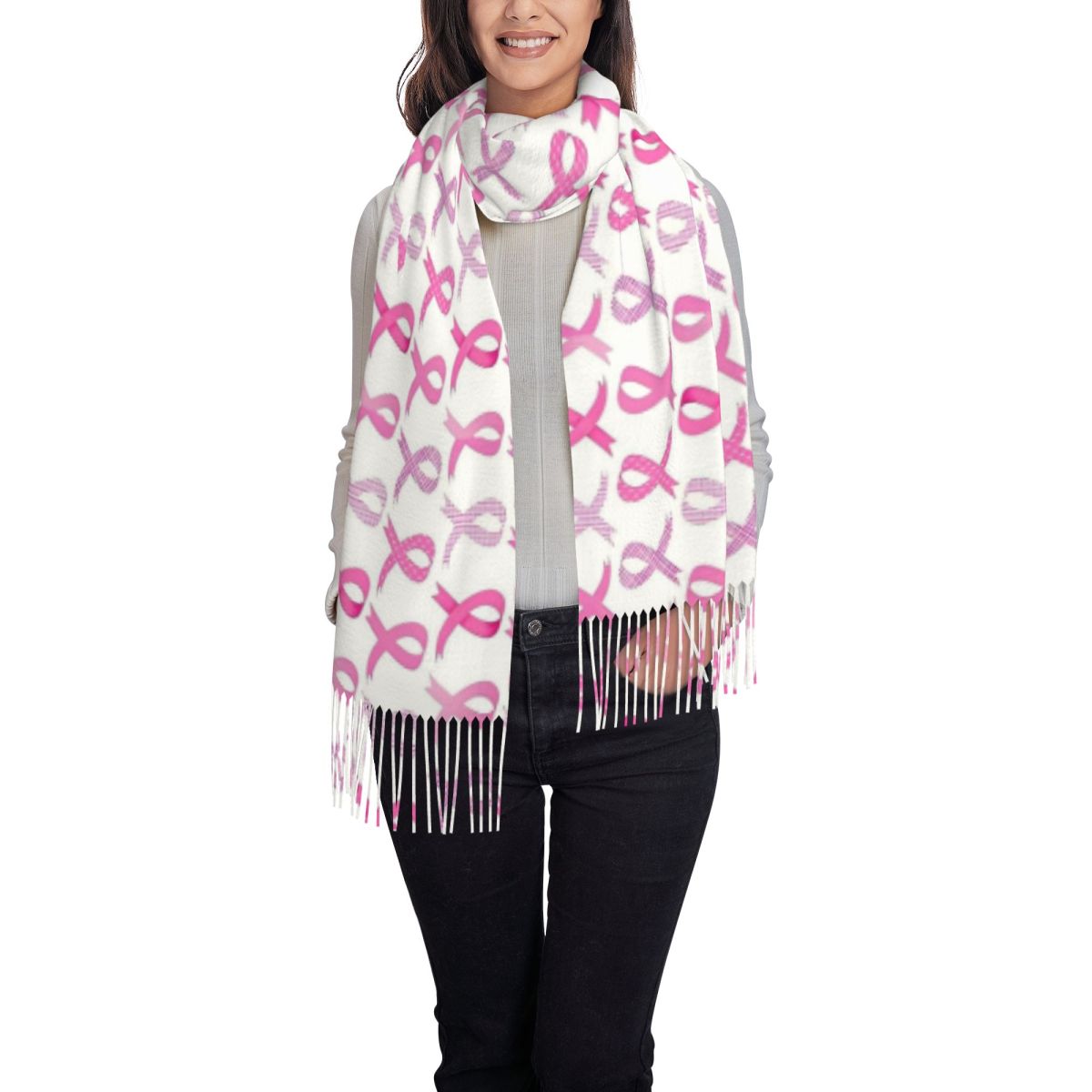 女性用タッセルスカーフ ピンクリボン ロング 超ソフトショー - Cashmere Scarf Wrap のレビューと価格