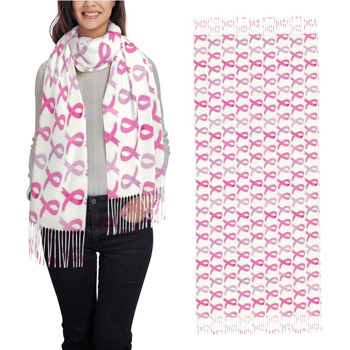 女性用タッセルスカーフ ピンクリボン ロング 超ソフトショー - Cashmere Scarf Wrap のレビューと価格