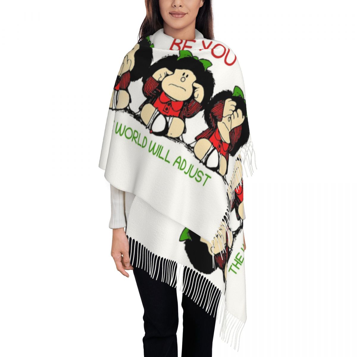 タッセル付きレディーススカーフ トリプルマファルダス 漫画柄 - Cashmere Scarf Wrap のレビューと価格