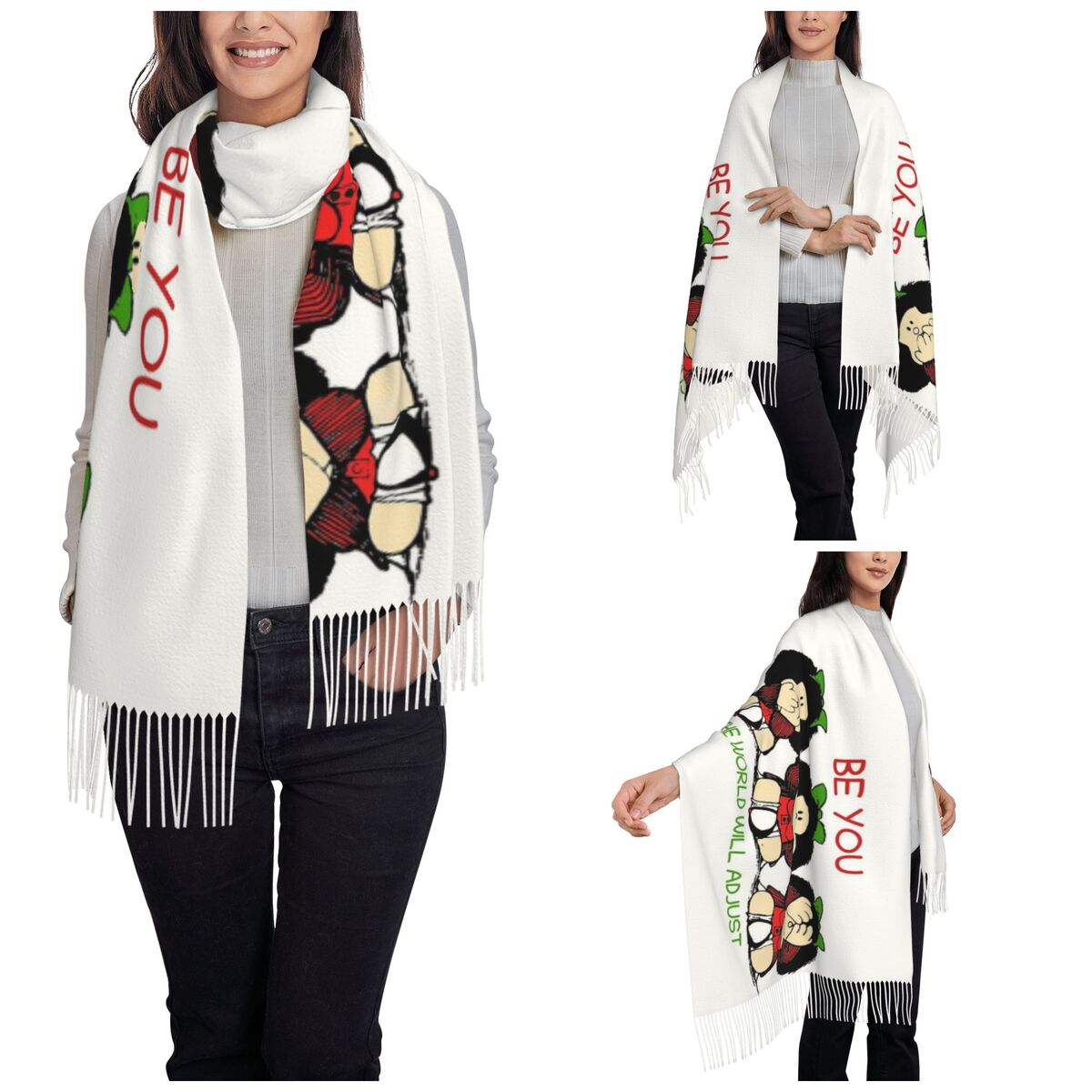 タッセル付きレディーススカーフ トリプルマファルダス 漫画柄 - Cashmere Scarf Wrap のレビューと価格
