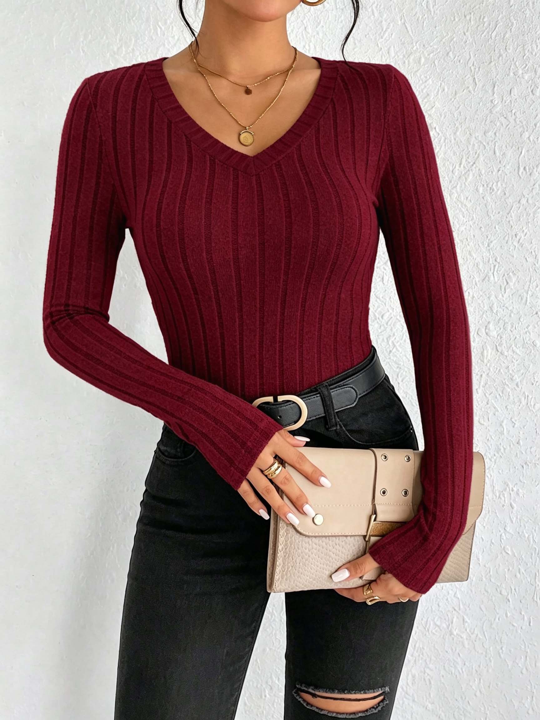 レディース無地Vネックリブニットトップ、スリムフィットストレ - Winter Clothing For Women のレビューと価格