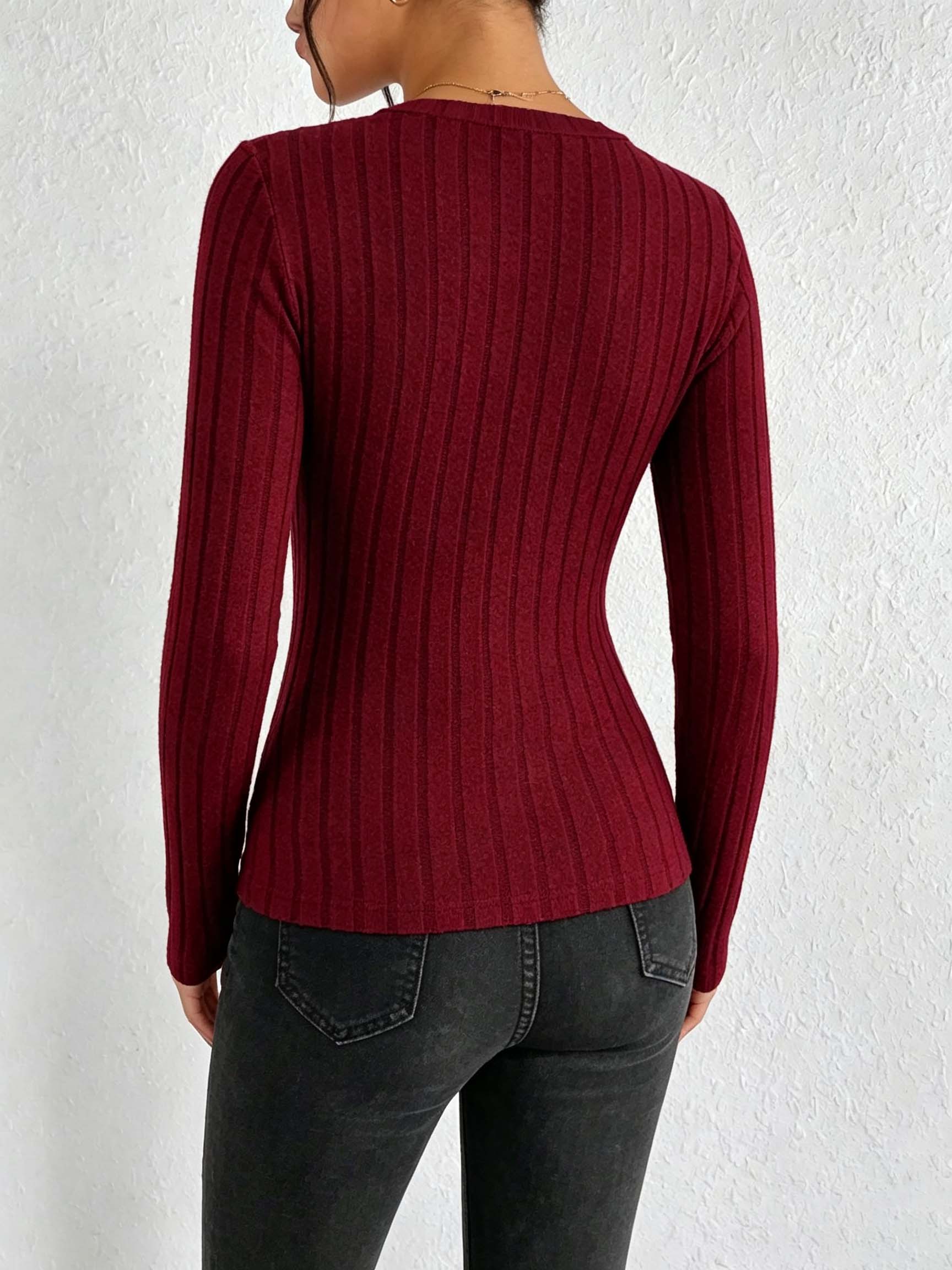 レディース無地Vネックリブニットトップ、スリムフィットストレ - Winter Clothing For Women のレビューと価格