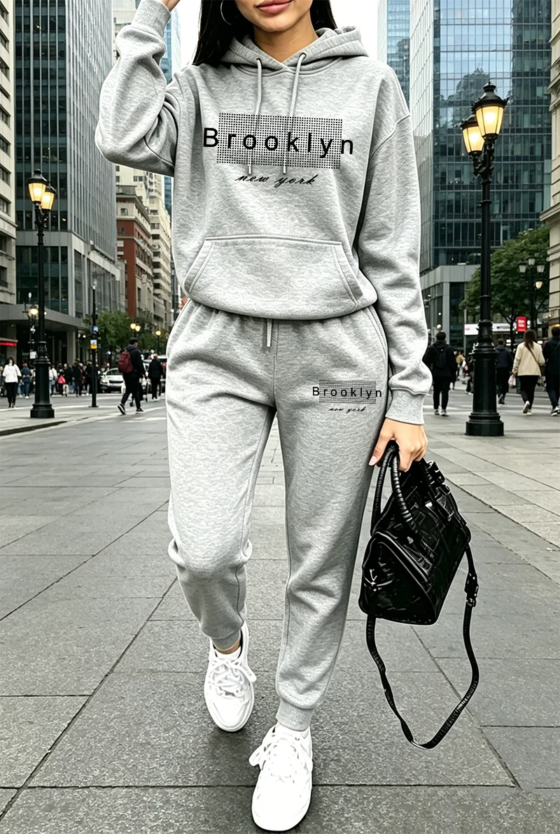 レディーストラックスーツプリントカジュアルフーディスウェット - Winter Clothing For のレビューと価格
