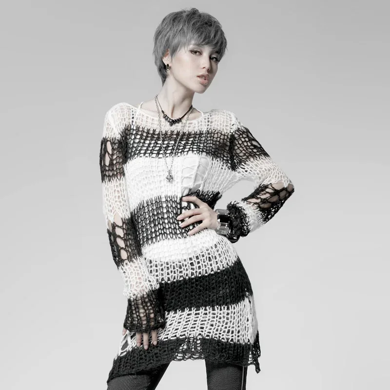 パンク刻印-女性のための壊れたストライプのセーター、ゴシック - Winter Clothing Visuals のレビューと価格