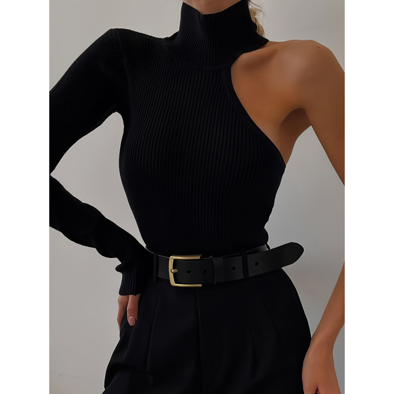ソリッドアシンメトリーワンショルダーリブニット長袖ボディスー - Winter Clothing For Women のレビューと価格