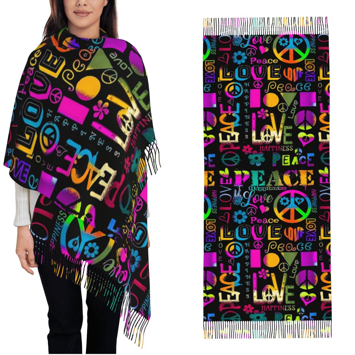 レディースタッセルスカーフ平和フォーマルラブパターン大型冬秋 - Cashmere Scarf Wrap のレビューと価格