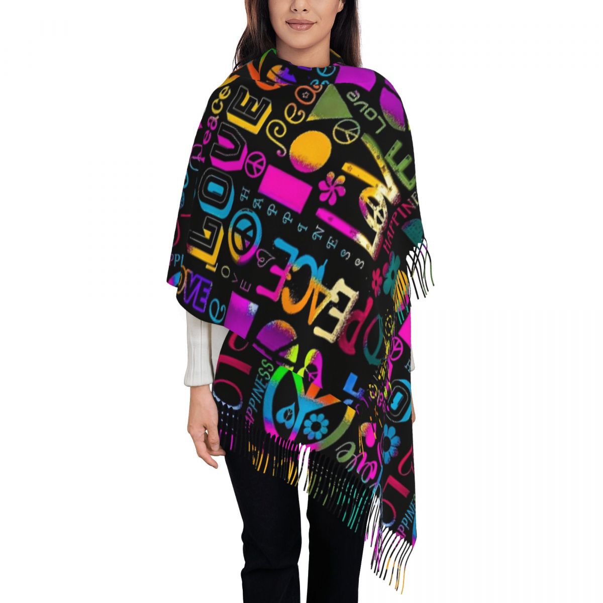 レディースタッセルスカーフ平和フォーマルラブパターン大型冬秋 - Cashmere Scarf Wrap のレビューと価格