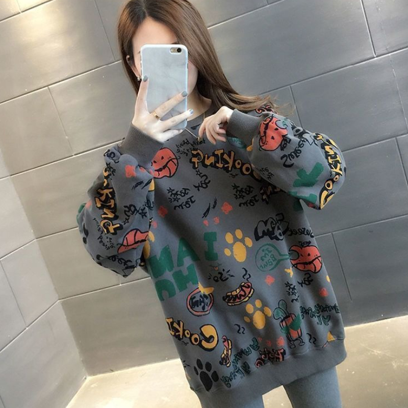カジュアルプリントルーズレディーススウェットシャツ Y2k  - Winter Clothing Essentials For Women のレビューと価格